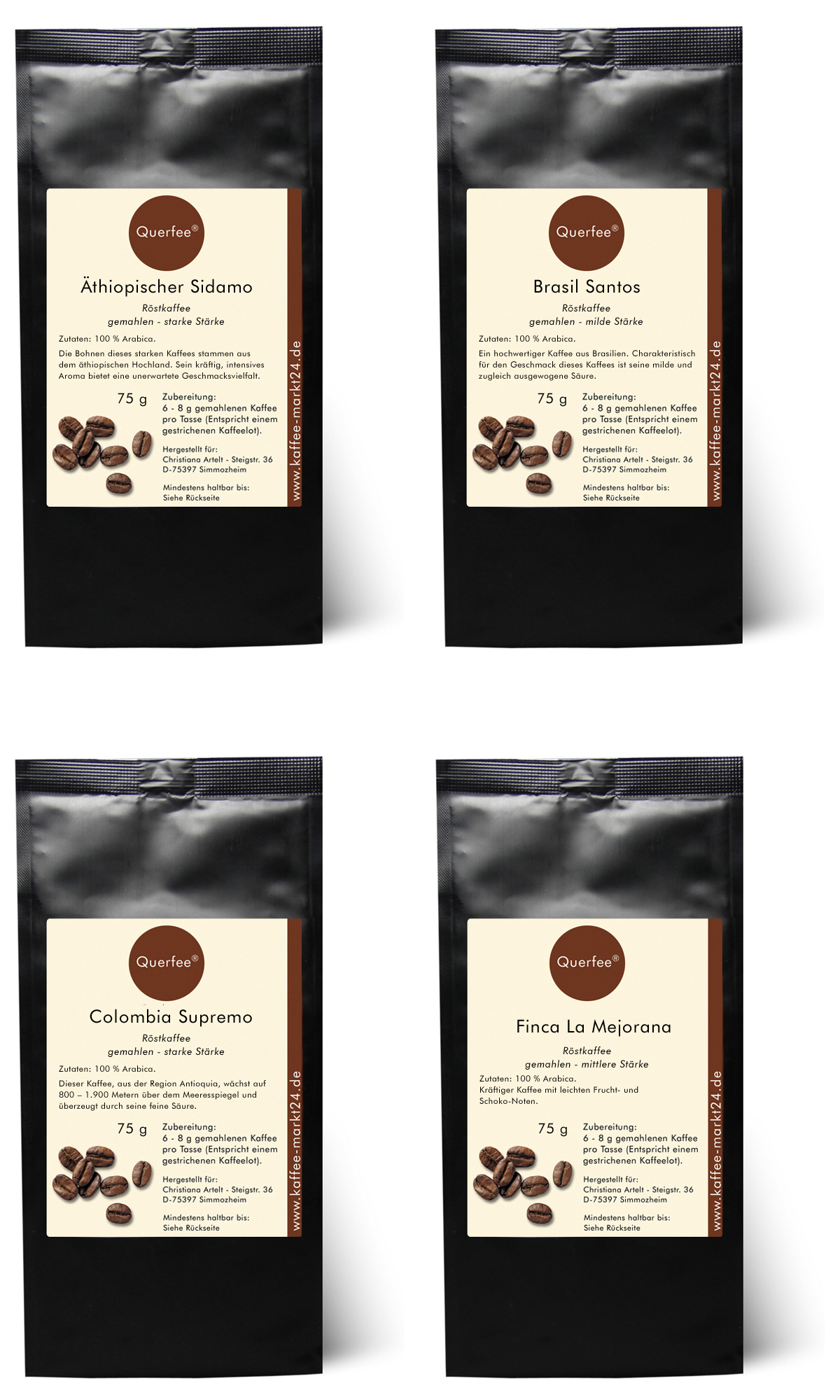 Plantagen Kaffee / Röstkaffee Kaffee Set - 4 x 75 g - Äthiopischer Sidamo, Brasil Santos, Colombia Huila Supremo & Finca La Mejorana