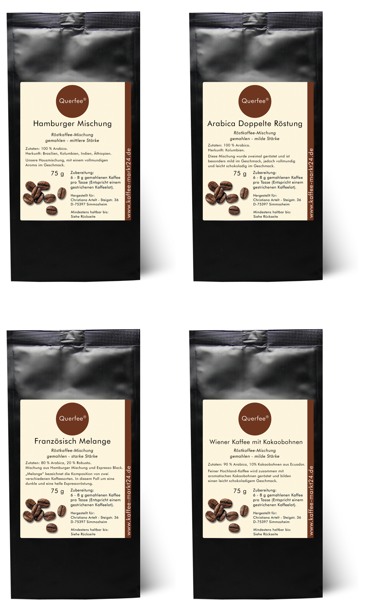 4 x Kaffeemischungen - Kaffee Set mit  Hamburger Mischung, Arabica 2x geröstet, Französisch Melange, Wiener Kaffee - gemahlen - 4 x 75 g