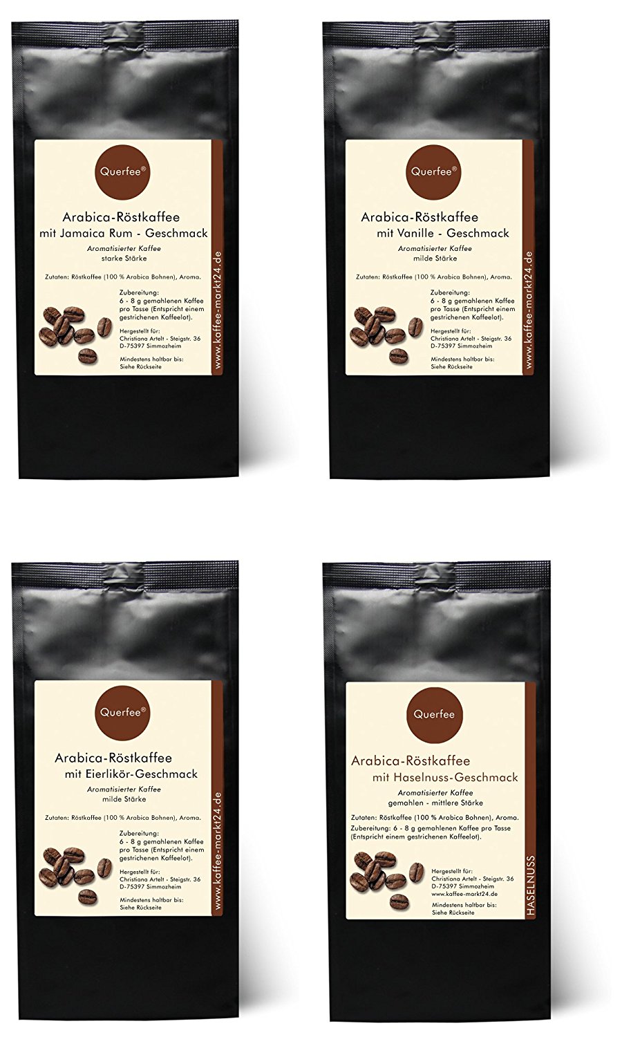 4 x Kaffee mit Geschmack Probierset - Jamica Rum, Vanille, Eierlikör, Haselnuss - gemahlen-