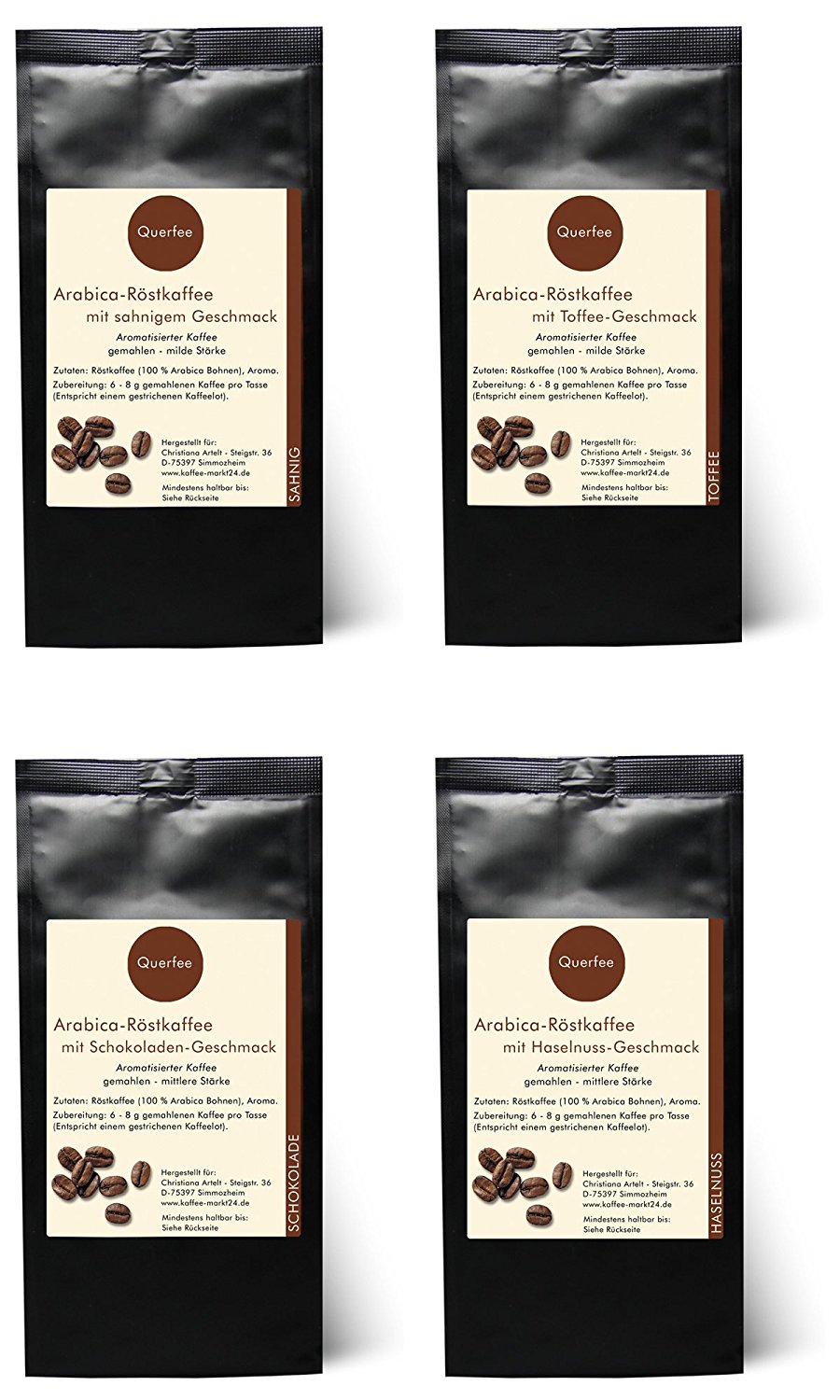 4 x Kaffee mit Geschmack Probierset - Mandel Zimt, Toffee, Schokolade, Macadamia - gemahlen